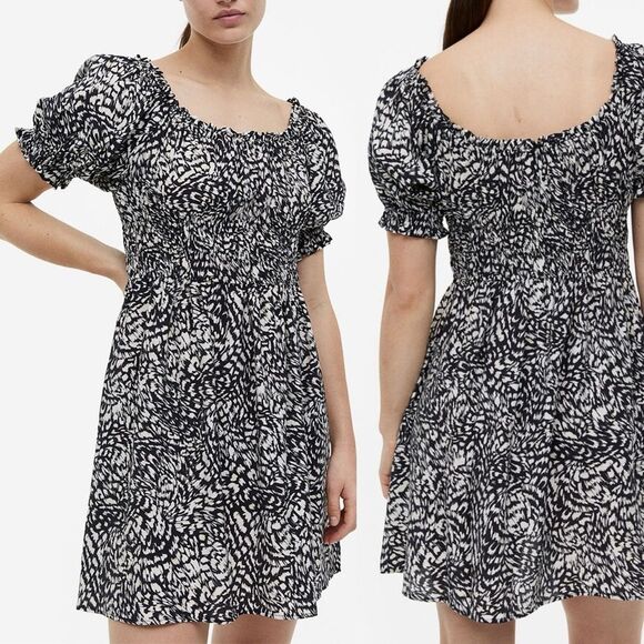 H&M puff sleeve off shoulder summer Dress black white print smocked S - Picture 1 of 8